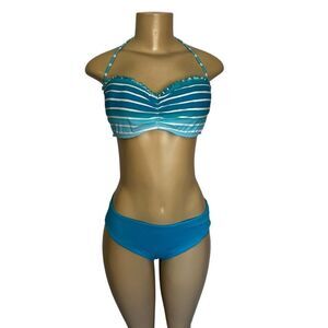 Seafolly Bikini Swimsuit Swim 6 Striped bandeau strapless hater set aqua ombre 8